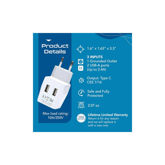 Ceptics European Travel Adapter - Type C - Dual USB (CTU-9C)