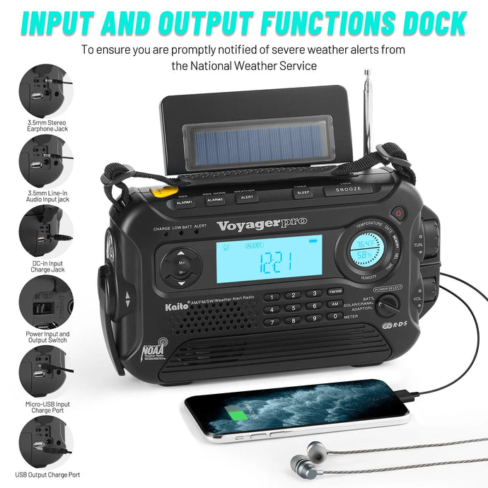 Kaito Voyager Pro KA600 Digital Solar Crank AM/FM/LW/SW NOAA Weather Radio Black