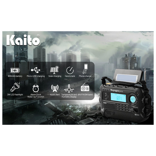 Kaito Voyager Pro KA600 Digital Solar Crank AM/FM/LW/SW NOAA Weather Radio Black