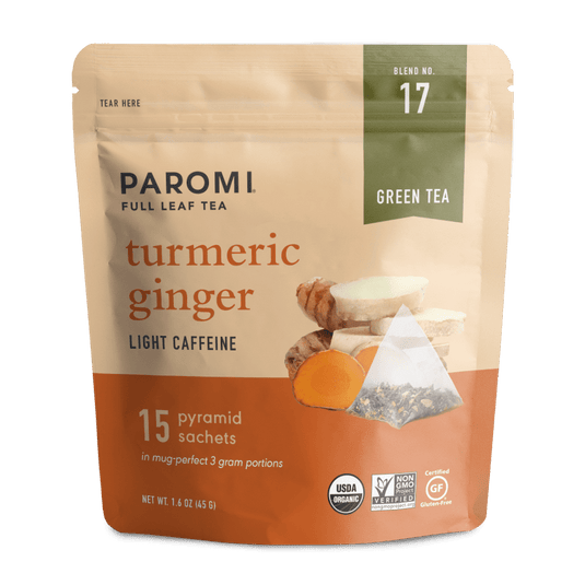 Organic Turmeric Ginger Green Tea, Full Leaf, in Pyramid Tea Bags by Paromi Tea