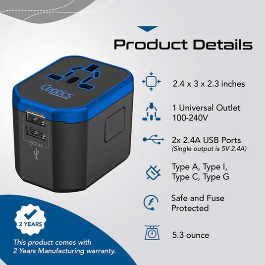 All-In-One International Travel Plug Adapter - 2 USB Ports